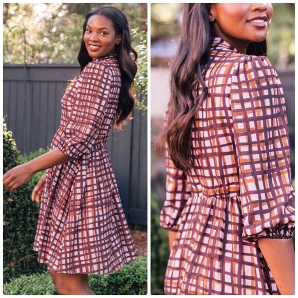 Gal Meets Glam Purple Lindsey Brushstroke Plaid 3/4 Sleeve Dress 8‎ NEW - Picture 1 of 6